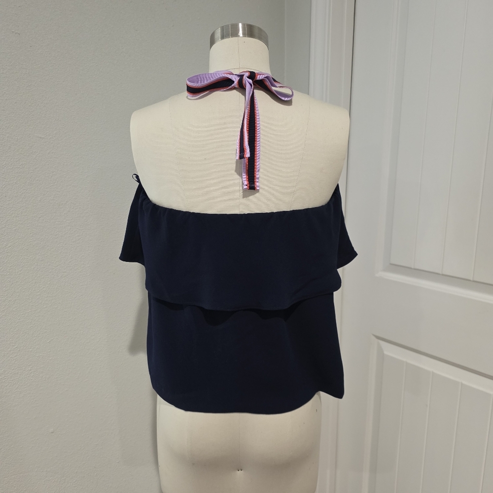 NWOT Trina Turk Navy Blue Flowy Ribbon Halter Tube Top - Picture 3 of 3